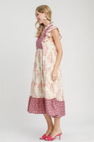 Umgee Mixed Print Midi Dress with Contrasting Binding in Blush Mix