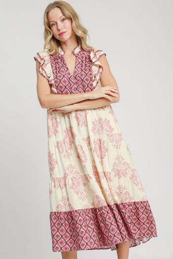 Umgee Mixed Print Midi Dress with Contrasting Binding in Blush Mix