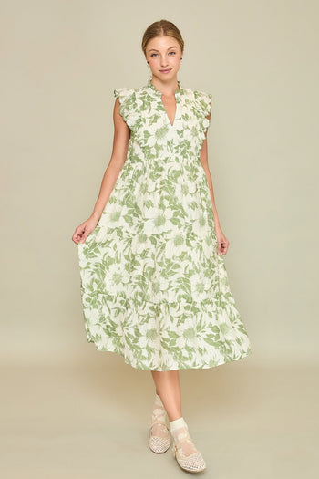 Umgee Two Toned Floral Print Maxi Dress in Green