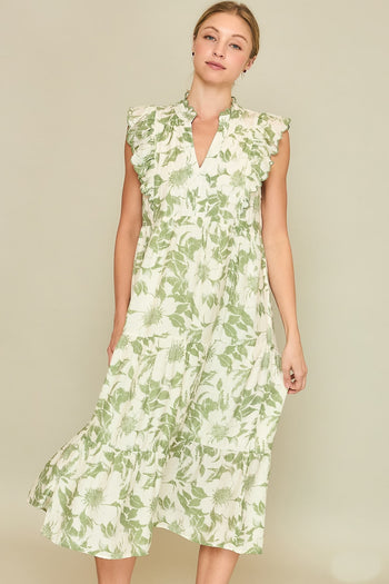 Umgee Two Toned Floral Print Maxi Dress in Green
