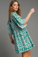 Umgee Boho Chic Mixed Print Mini Dress in Emerald Mix