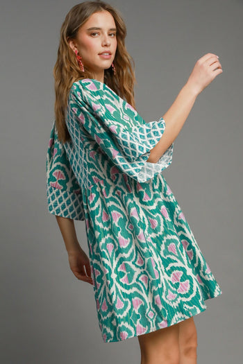 Umgee Boho Chic Mixed Print Mini Dress in Emerald Mix