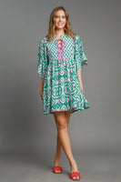Umgee Boho Chic Mixed Print Mini Dress in Emerald Mix