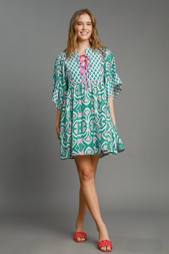 Umgee Boho Chic Mixed Print Mini Dress in Emerald Mix