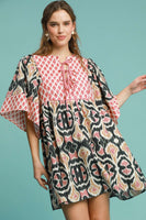 Umgee Boho Chic Mixed Print Mini Dress in Black Mix