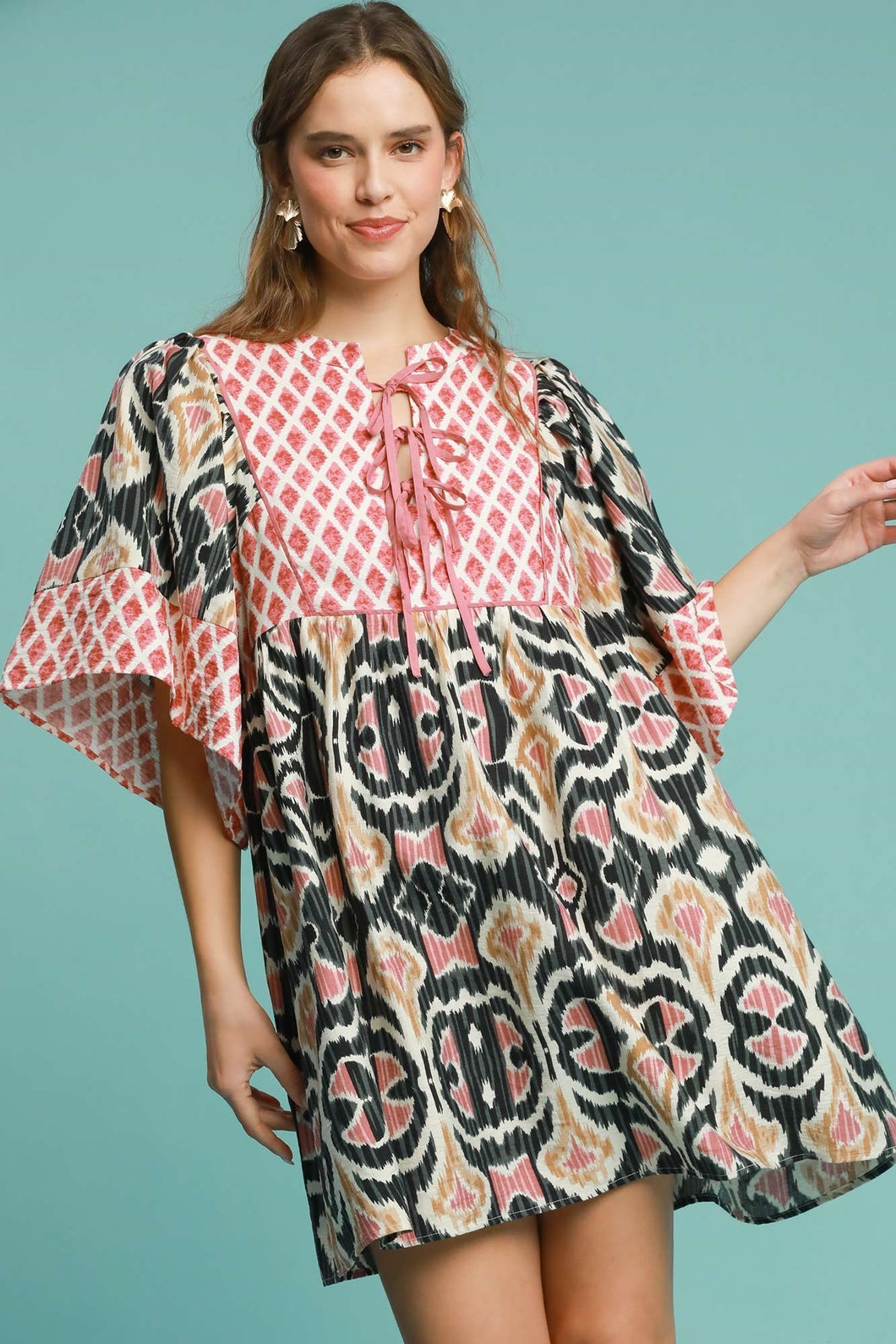 Umgee Boho Chic Mixed Print Mini Dress in Black Mix