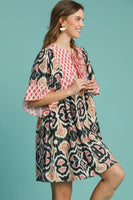 Umgee Boho Chic Mixed Print Mini Dress in Black Mix