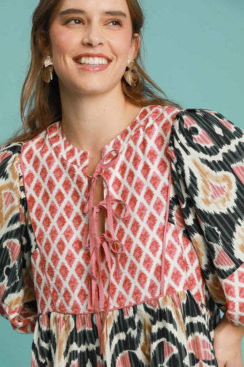 Umgee Boho Chic Mixed Print Mini Dress in Black Mix