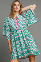 Umgee Boho Chic Mixed Print Mini Dress in Emerald Mix