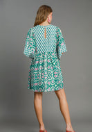 Umgee Boho Chic Mixed Print Mini Dress in Emerald Mix