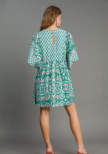 Umgee Boho Chic Mixed Print Mini Dress in Emerald Mix