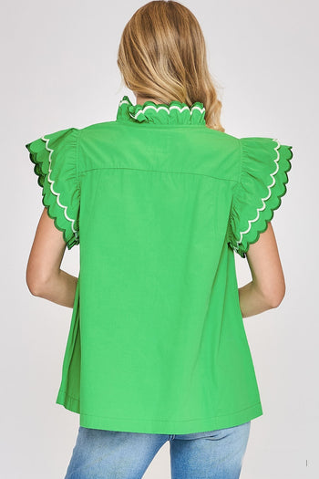 Umgee Solid Color Top with Scalloped Details in Kelly Green