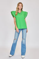 Umgee Solid Color Top with Scalloped Details in Kelly Green