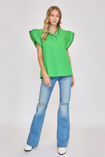 Umgee Solid Color Top with Scalloped Details in Kelly Green