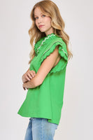 Umgee Solid Color Top with Scalloped Details in Kelly Green