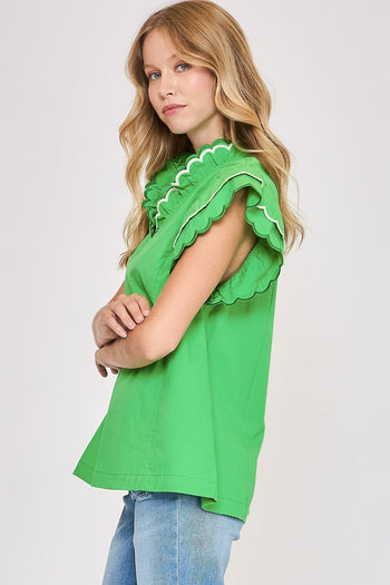 Umgee Solid Color Top with Scalloped Details in Kelly Green