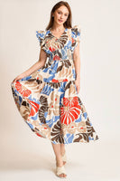 Umgee Vibrant Floral Print Midi Dress in Blue/Red