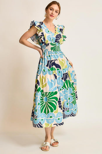 Umgee Vibrant Floral Print Midi Dress in Green/Blue