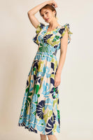 Umgee Vibrant Floral Print Midi Dress in Green/Blue
