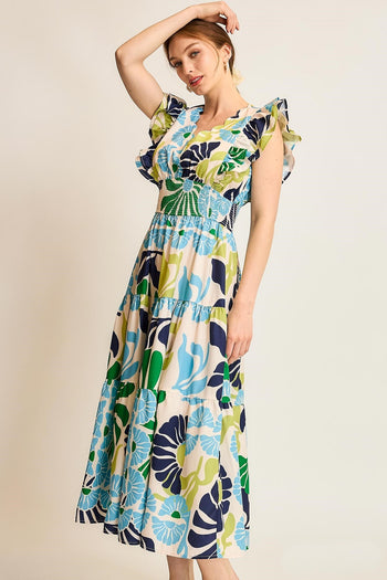 Umgee Vibrant Floral Print Midi Dress in Green/Blue