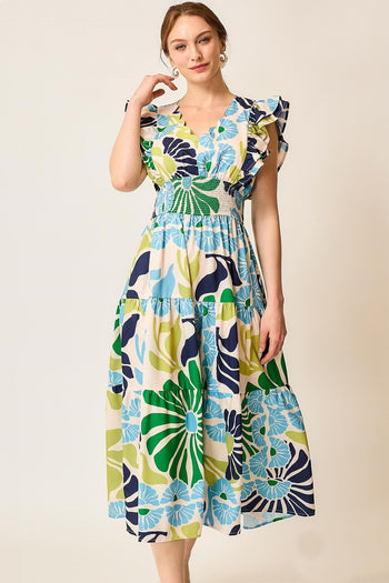 Umgee Vibrant Floral Print Midi Dress in Green/Blue