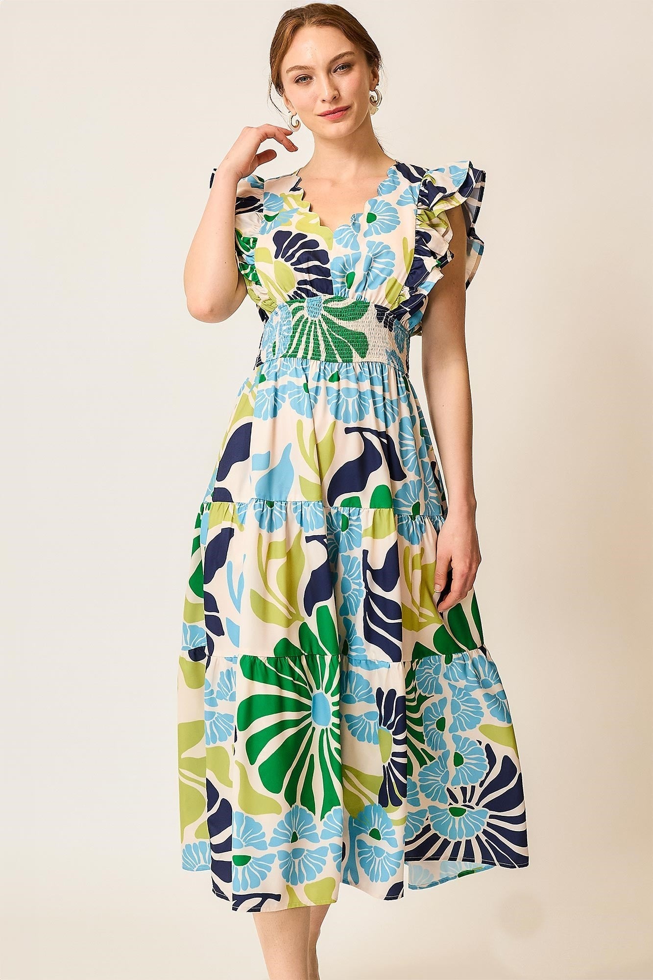 blue and green midi dress Woodland Summer Midi Dress - Blue, Medium | Hazel and Olive main image 1