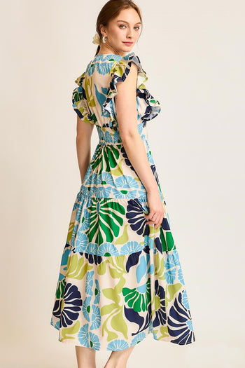 Umgee Vibrant Floral Print Midi Dress in Green/Blue S Umgee Vibrant Floral Print Midi Dress in Green/Blue S