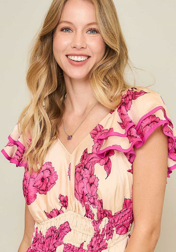 Umgee Floral Print Maxi Dress in Cream