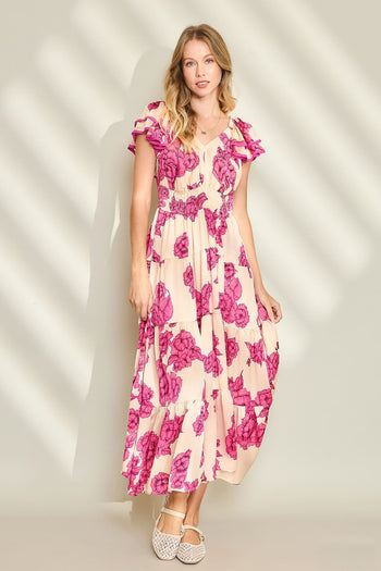 Umgee Floral Print Maxi Dress in Cream