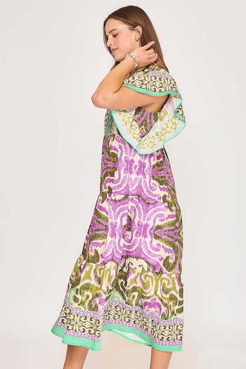 Umgee Boarder Print Midi Dress in Moss Mix