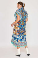 Umgee Boarder Print Midi Dress in Blue Mix