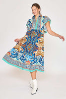 Umgee Boarder Print Midi Dress in Blue Mix