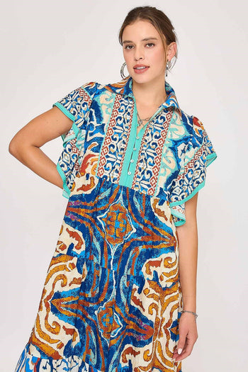 Umgee Boarder Print Midi Dress in Blue Mix
