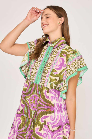 Umgee Boarder Print Midi Dress in Moss Mix