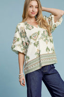 Umgee Printed and Contrasting Border Print Top in Light Olive