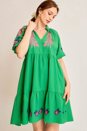 Umgee Embroidered Boho Dress in Green