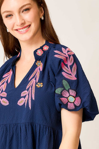 Umgee Embroidered Boho Dress in Navy