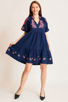 Umgee Embroidered Boho Dress in Navy