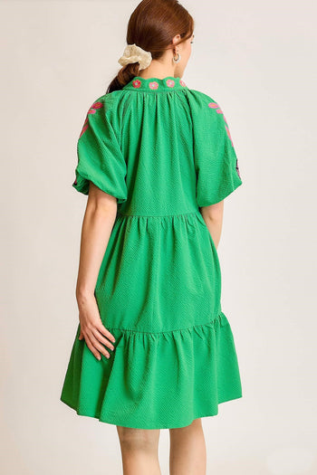 green dress boho Feinuhan Women's Shirred Long Sleeve Boho Dress A Line Ruffle Swing Midi Dress, Green, Medium