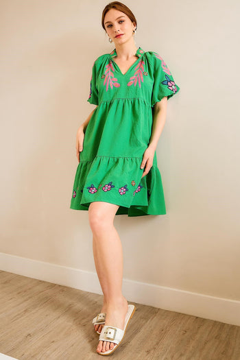 Umgee Embroidered Boho Dress in Green