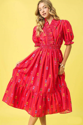 Umgee Vibrant Print Midi Dress in Red Mix