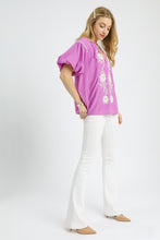 Load image into Gallery viewer, Umgee Solid Color Top with Contrasting Color Floral Embroidery in Orchid
