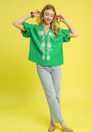 Umgee Solid Color Top with Contrasting Color Floral Embroidery in Kelly Green