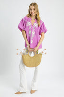 Umgee Solid Color Top with Contrasting Color Floral Embroidery in Orchid