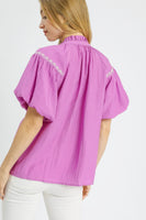 Umgee Solid Color Top with Contrasting Color Floral Embroidery in Orchid