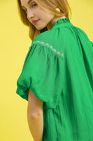 Umgee Solid Color Top with Contrasting Color Floral Embroidery in Kelly Green