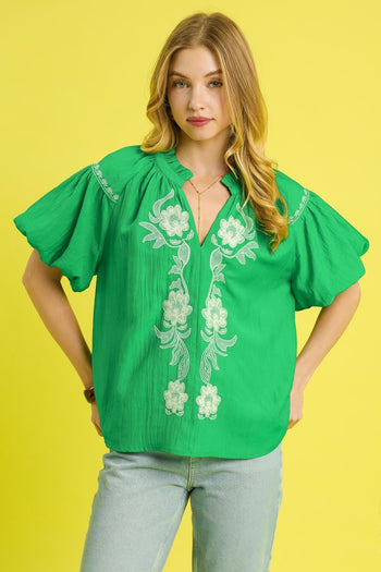 Umgee Solid Color Top with Contrasting Color Floral Embroidery in Kelly Green