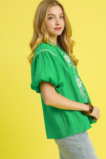 Umgee Solid Color Top with Contrasting Color Floral Embroidery in Kelly Green