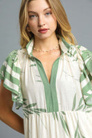 Umgee Two Toned Striped and Tropical Floral Print Midi Dress in Sage