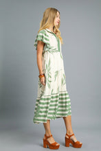 Load image into Gallery viewer, Umgee Two Toned Striped and Tropical Floral Print Midi Dress in Sage
